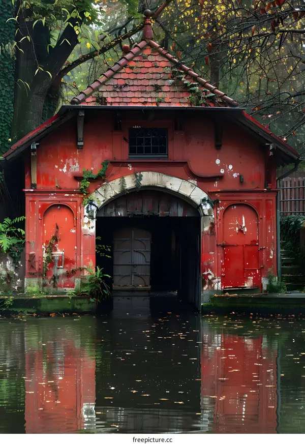 weathered red wooden boathouse with reflection in water
