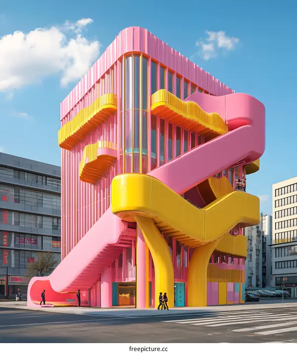 Modern Pink and Yellow Building with People Walking By