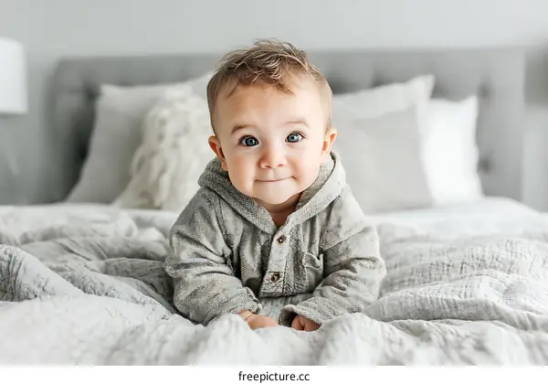 Adorable Baby Boy Crawling on a Bed