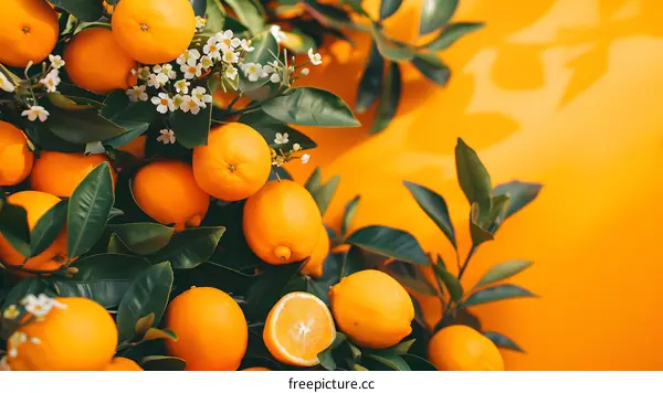Fresh Orange Fruit On A Branch With Yellow Background