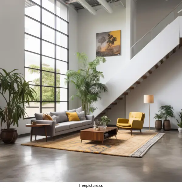 A modern living room with a large rug, sofa, coffee table, armchair, plants, and staircase
