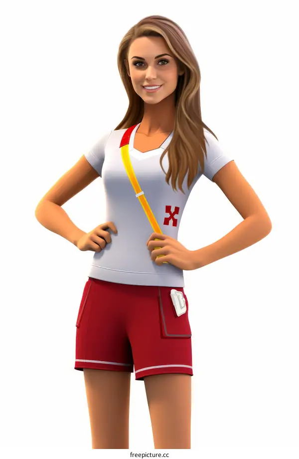 An illustration of a female lifeguard standing with confidence