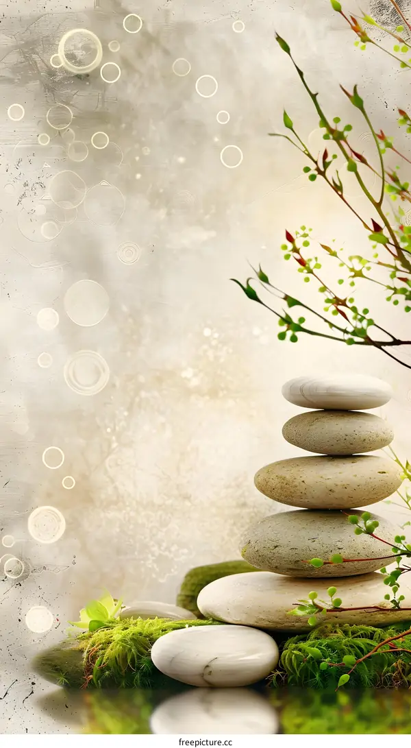 Zen Stones and Green Branch on a Soft Background