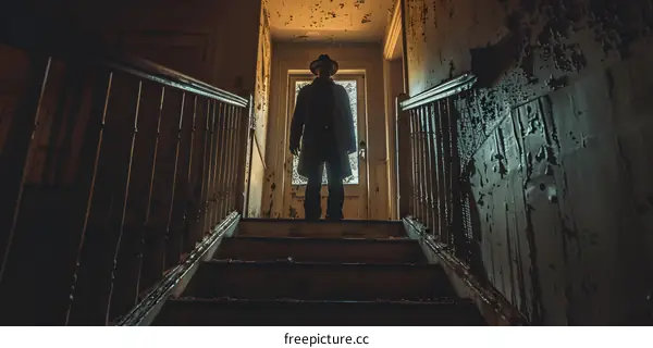 Silhouette of a Man Standing on Stairs in an Abandoned Building