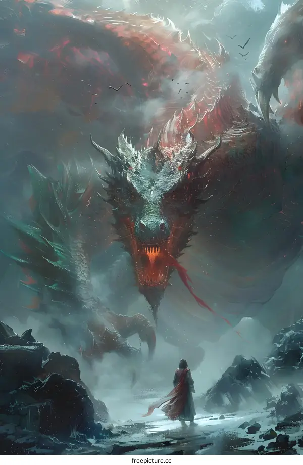 A green dragon stands in front of a snowy mountain