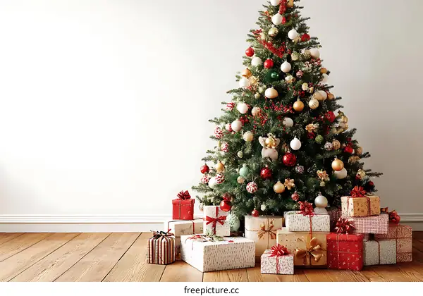 Christmas Tree with Gifts Decorated Beautifully