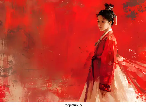 Portrait of a young woman in red traditional Korean dress, Hanbok