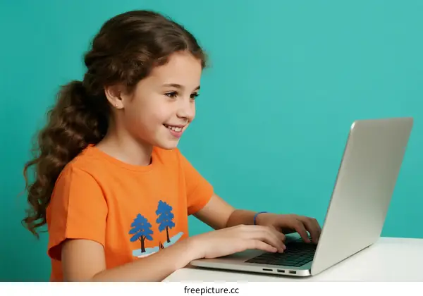 Little girl using laptop for online learning and digital activities