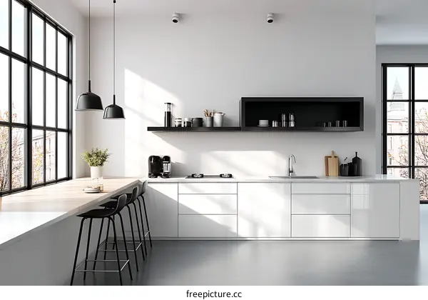 Modern White Kitchen with Black Accents