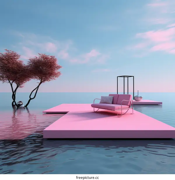 pink surreal seascape with sofa
