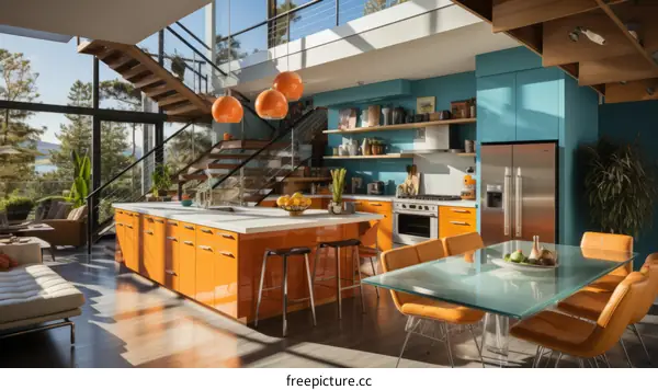 Blue and orange modern kitchen interior design