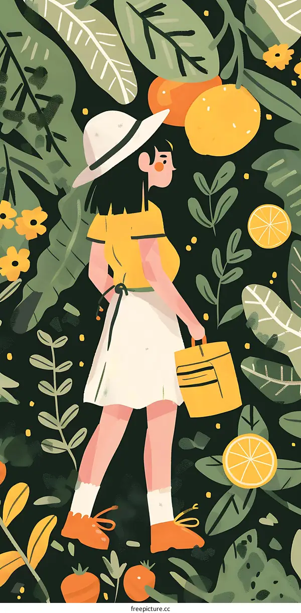 Girl in a Hat Walking Through a Forest of Green Leaves and Citrus Fruits