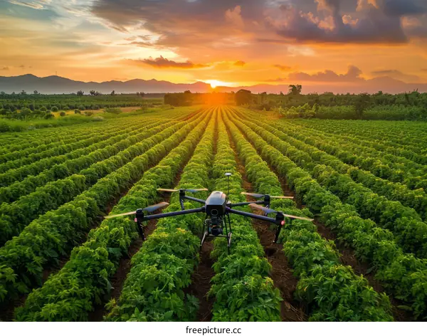 A drone flies over a lush green field of crops at sunset