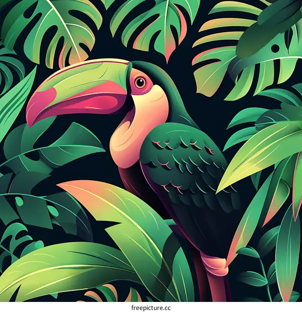 Tropical Toucan Illustration with Green Leaves