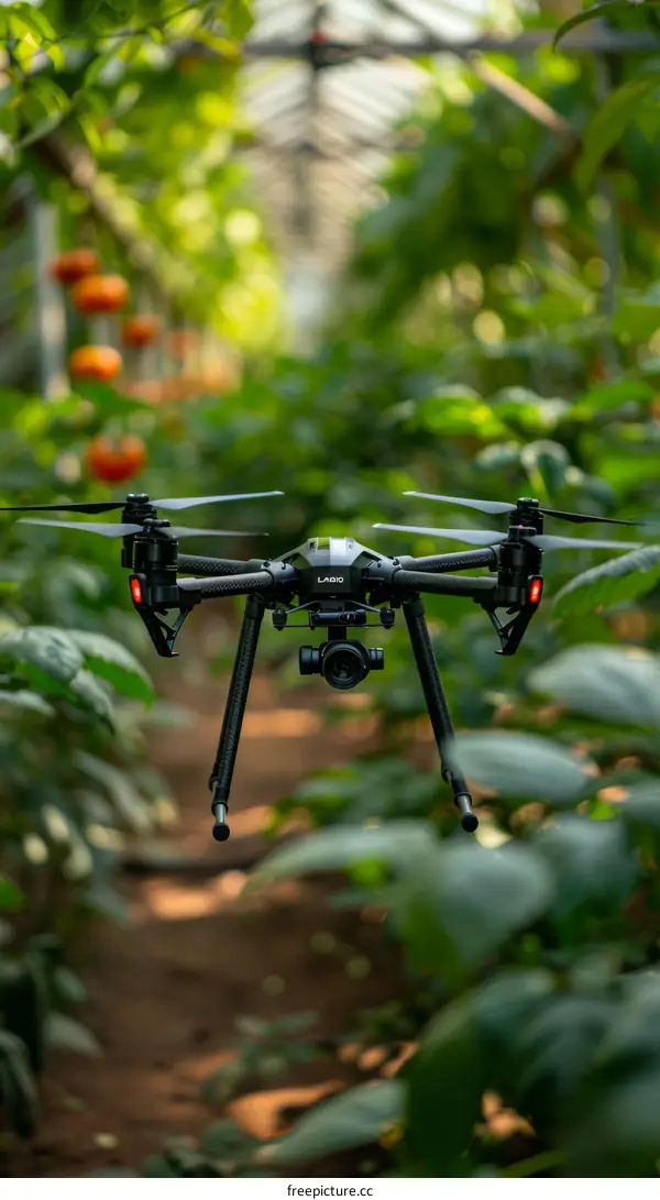 A drone is flying in a greenhouse
