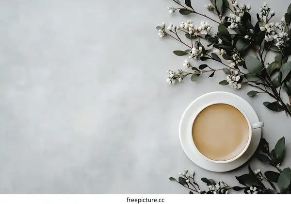 Coffee Cup Surrounded by White Flowers on Grey Background
