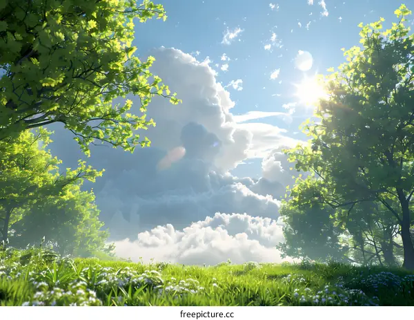 Blue sky, white clouds, green trees and grass