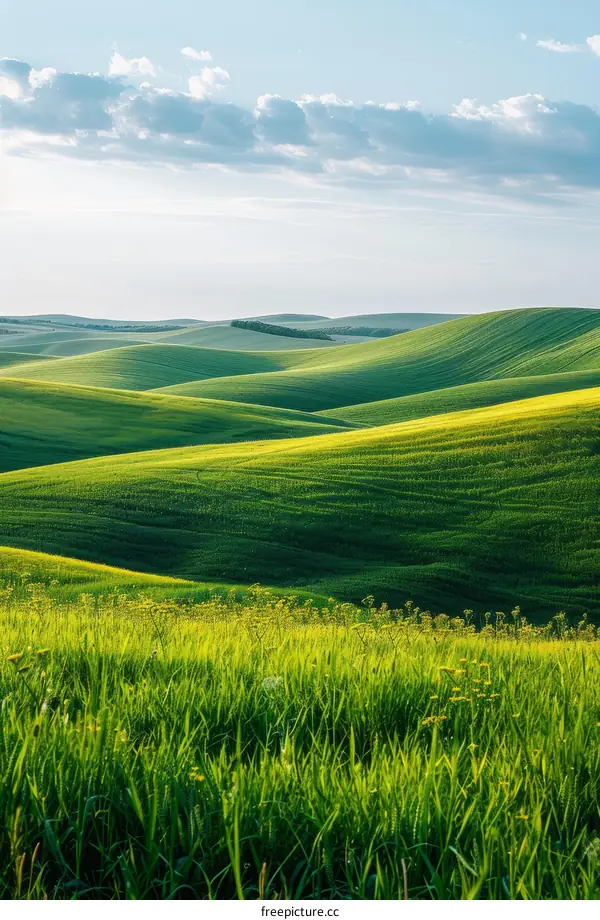 Green rolling hills of wheat field under blue sky