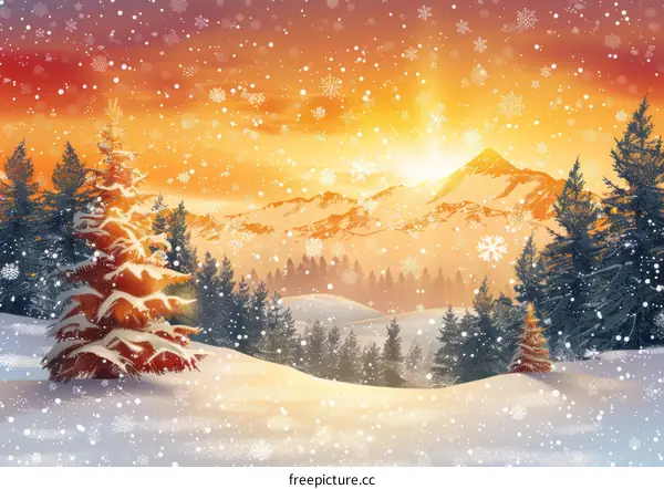 Snowy Winter Landscape with Forest and Mountains