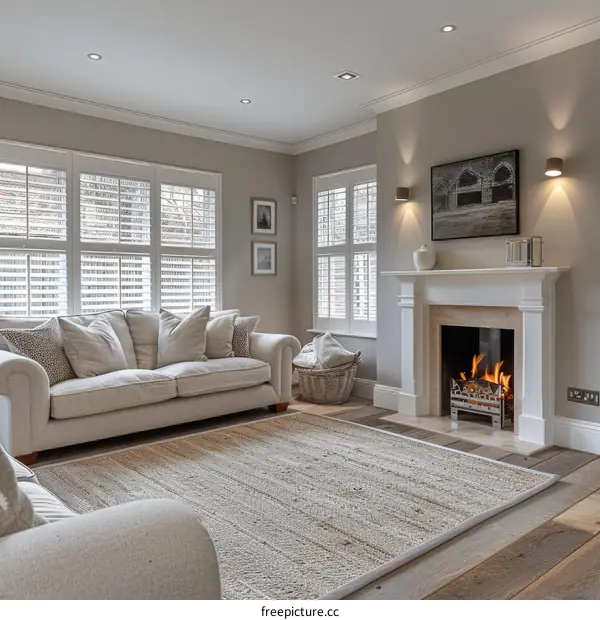 Bright living room with fireplace and rug