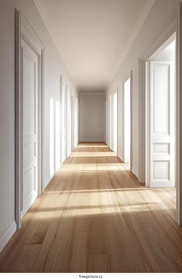 White Doors And Wooden Floor In Long Hallway