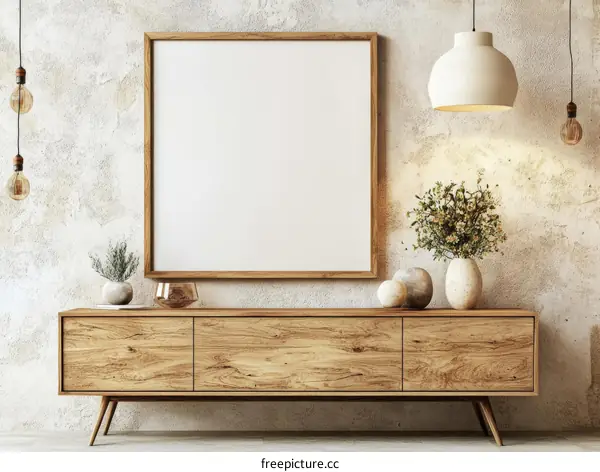 Empty Frame in Rustic Living Room with Wooden Furniture