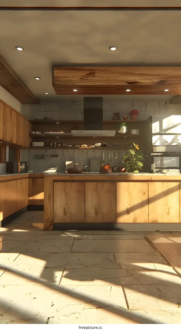 Modern Kitchen Design With Wooden Cabinets And Ceiling Beam