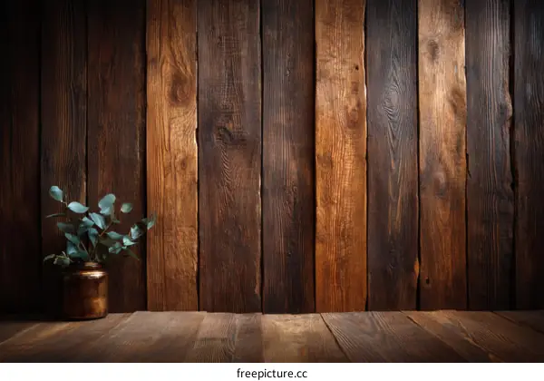 Rustic Wooden Wall Background with Eucalyptus Branches
