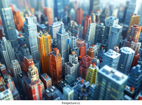 Digital Cityscape Illustration with Colorful High-Rise Buildings