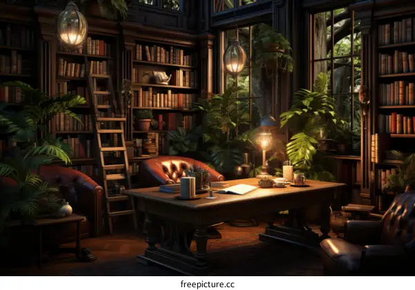 fantasy library with bookshelves, plants, and a desk