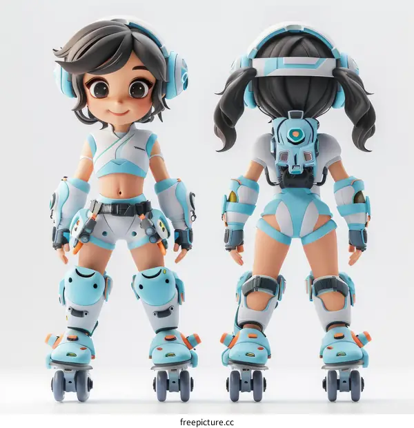 A roller skating girl wearing a futuristic outfit
