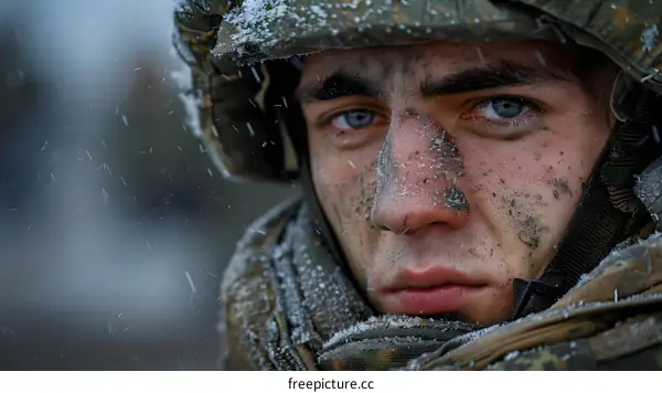 Portrait of a young male soldier with blue eyes and a determined expression on his face. He is wearing a military helmet and a camouflage uniform and has a dirty face.