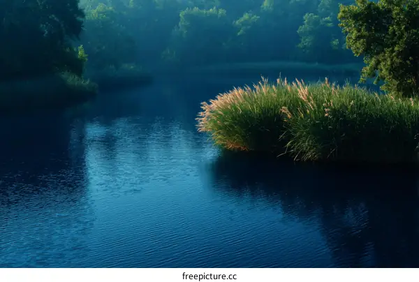 Serene Riverbank Landscape at Dawn