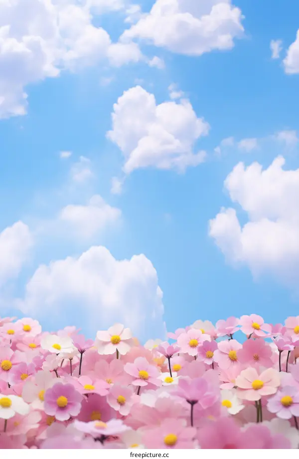 Pink cosmos flowers field under blue sky with clouds