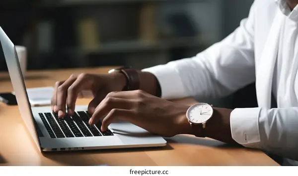 A businessman is working on his laptop in the office