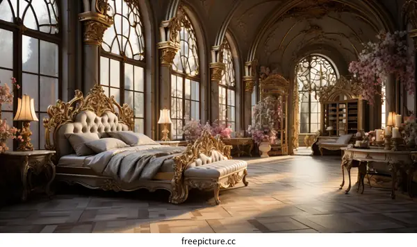 Ornate bedroom with a large bed, sitting area, andがたくさんある花瓶