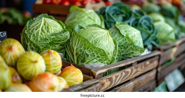 Fresh Cabbages and Onions at a Farmer's Market