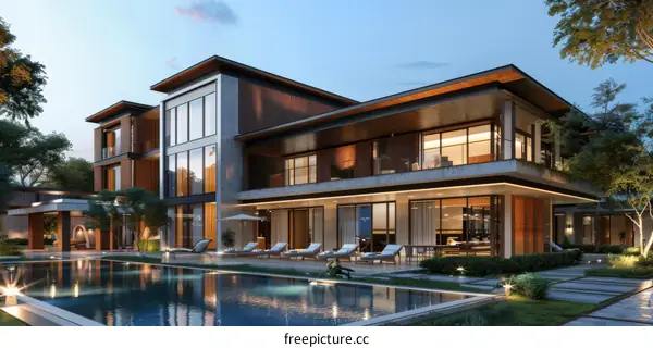 Modern Mansion Exterior with Pool and Landscaping
