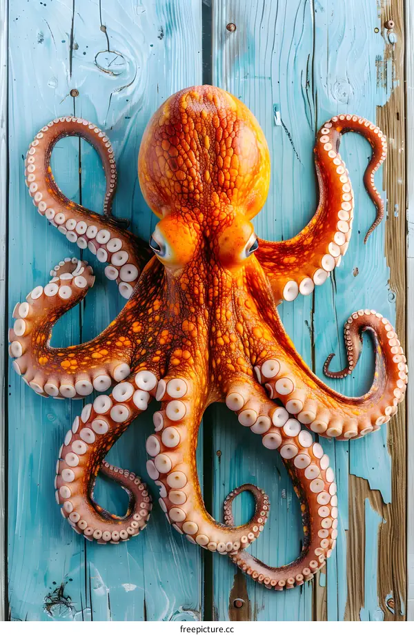 Octopus on a Blue Wooden Background