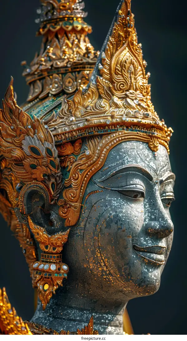 A close-up of a beautiful statue of a Thai deity with a golden headdress and ornate jewelry.