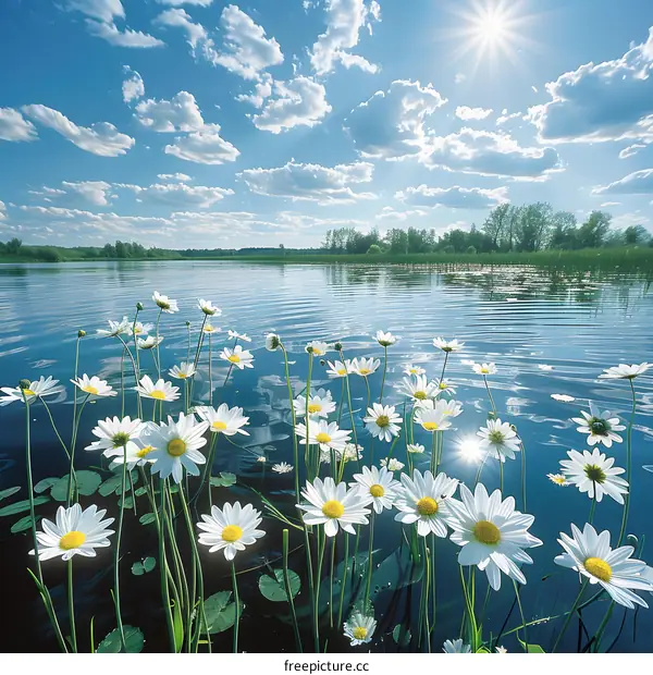 Summer Daisies by the Lake with Blue Sky and Sunshine