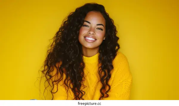 A young woman with long curly hair smiling