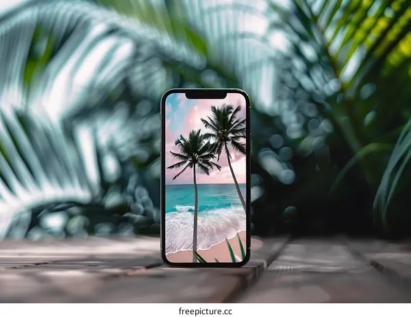 Palm Trees on Phone Screen with Blurred Background