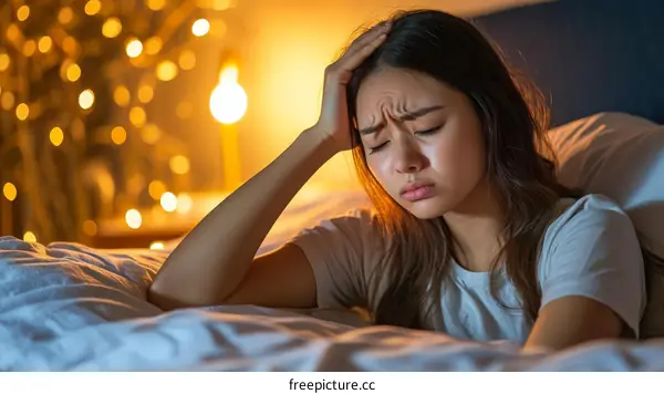 Woman Suffering from Headache in Bed at Night