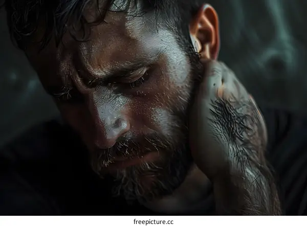 Close up Portrait of a Man with a Beard and a Sad Expression