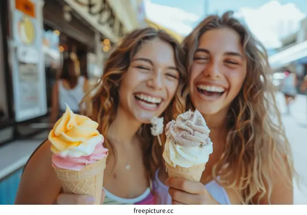 Two young women laughing and eating ice cream cones