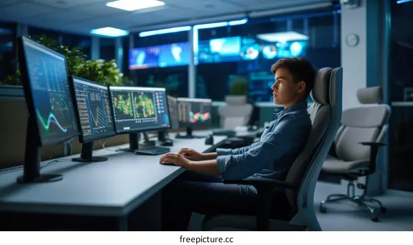 Young it specialist working on multiple computers in the server room