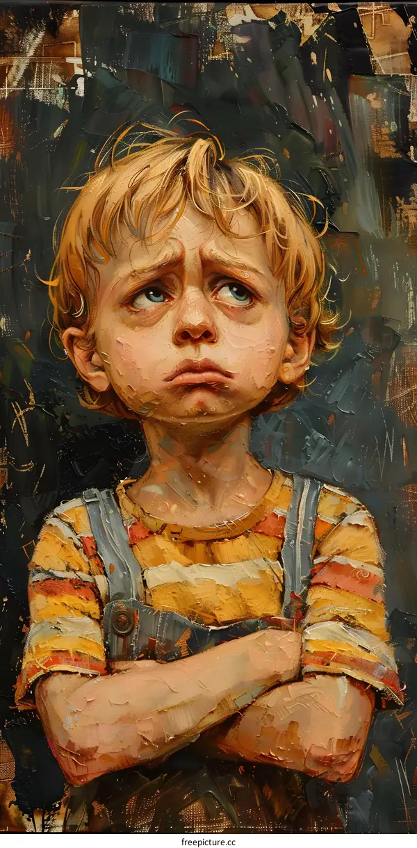 A boy with blond hair and blue eyes is standing with his arms crossed.