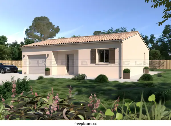 Modern Single Story House with Garage and Garden