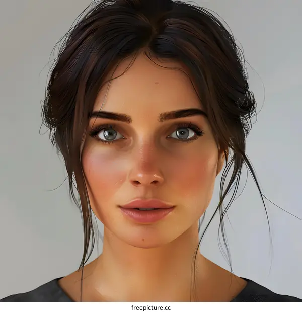 Beautiful Woman with Long Brown Hair and Blue Eyes Portrait